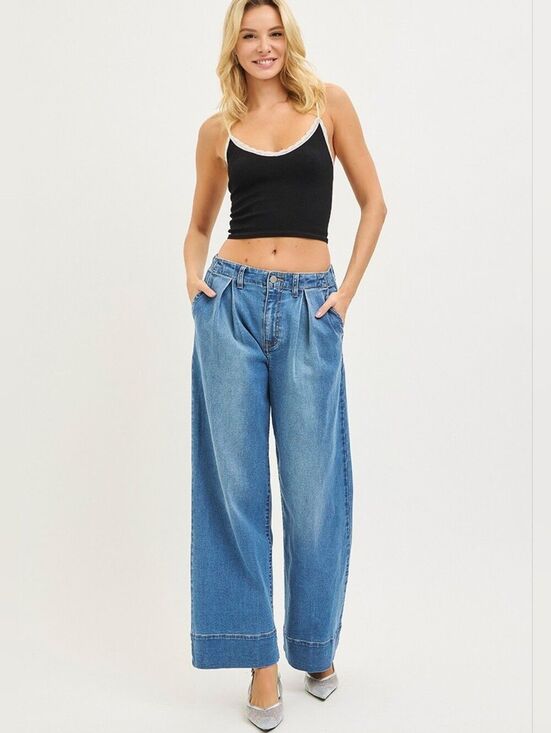 Risen Jeans Denim - RISEN Slouchy Wide Leg High-Rise Women’s Pleat Trousers Medium Blue Rinse sz 5